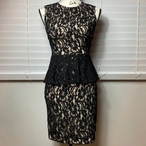 BEBE ALL OVER LACE PEPLUM DRESS